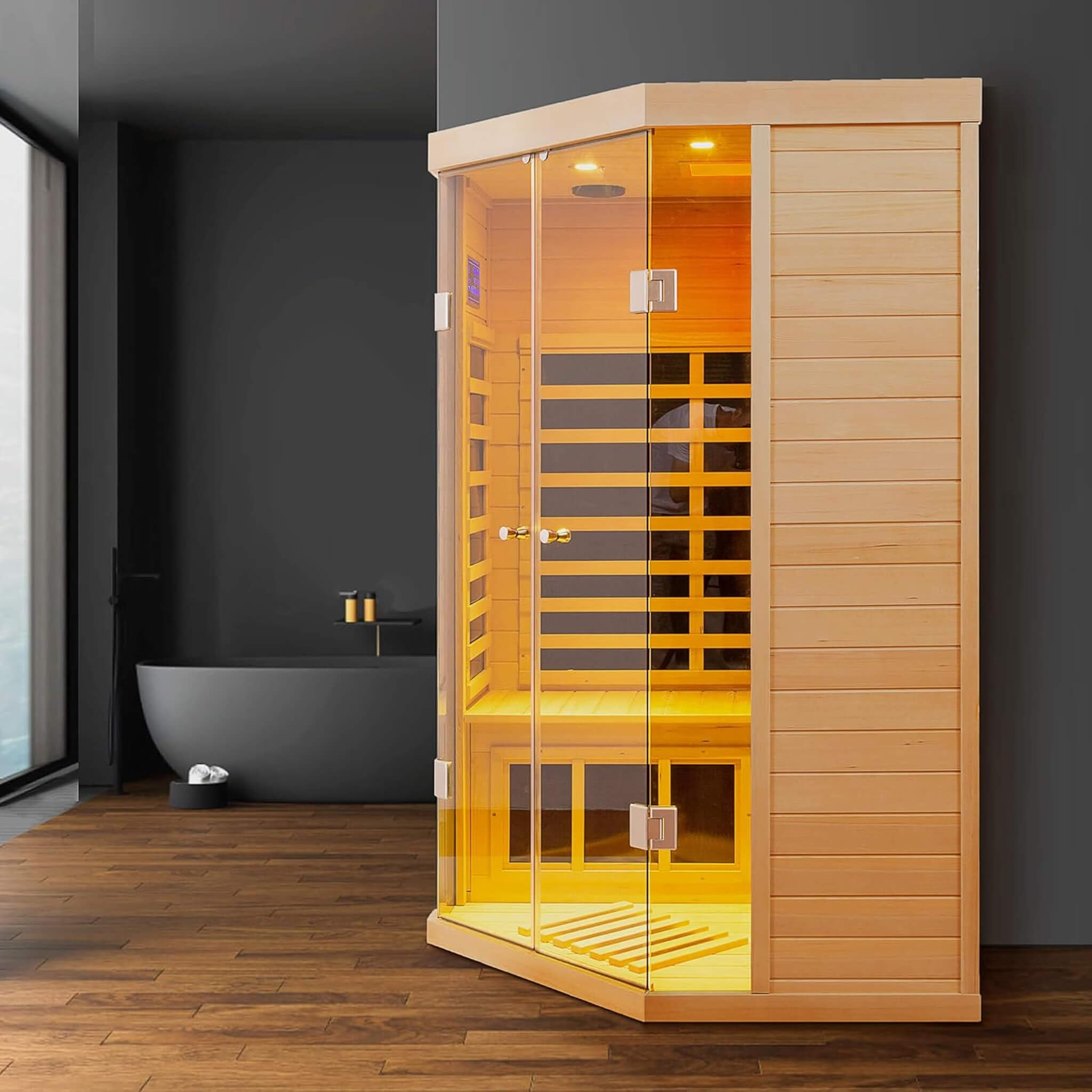 Premium Laurent 2-Person 1600W Corner Space Infrared Wooden Sauna Room With Bluetooth Speakers (SAK81524)