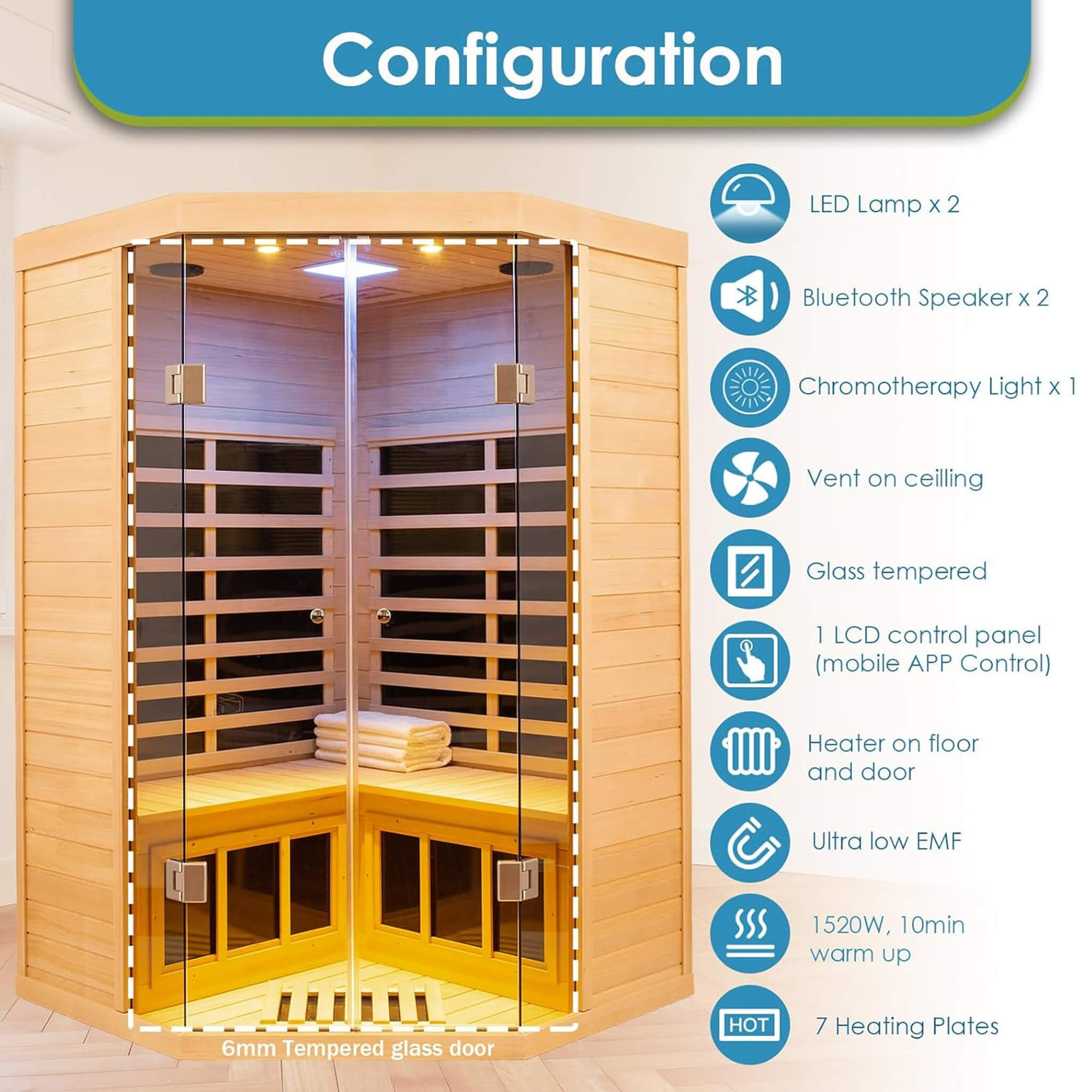 Premium Laurent 2-Person 1600W Corner Space Infrared Wooden Sauna Room With Bluetooth Speakers (SAK81524)