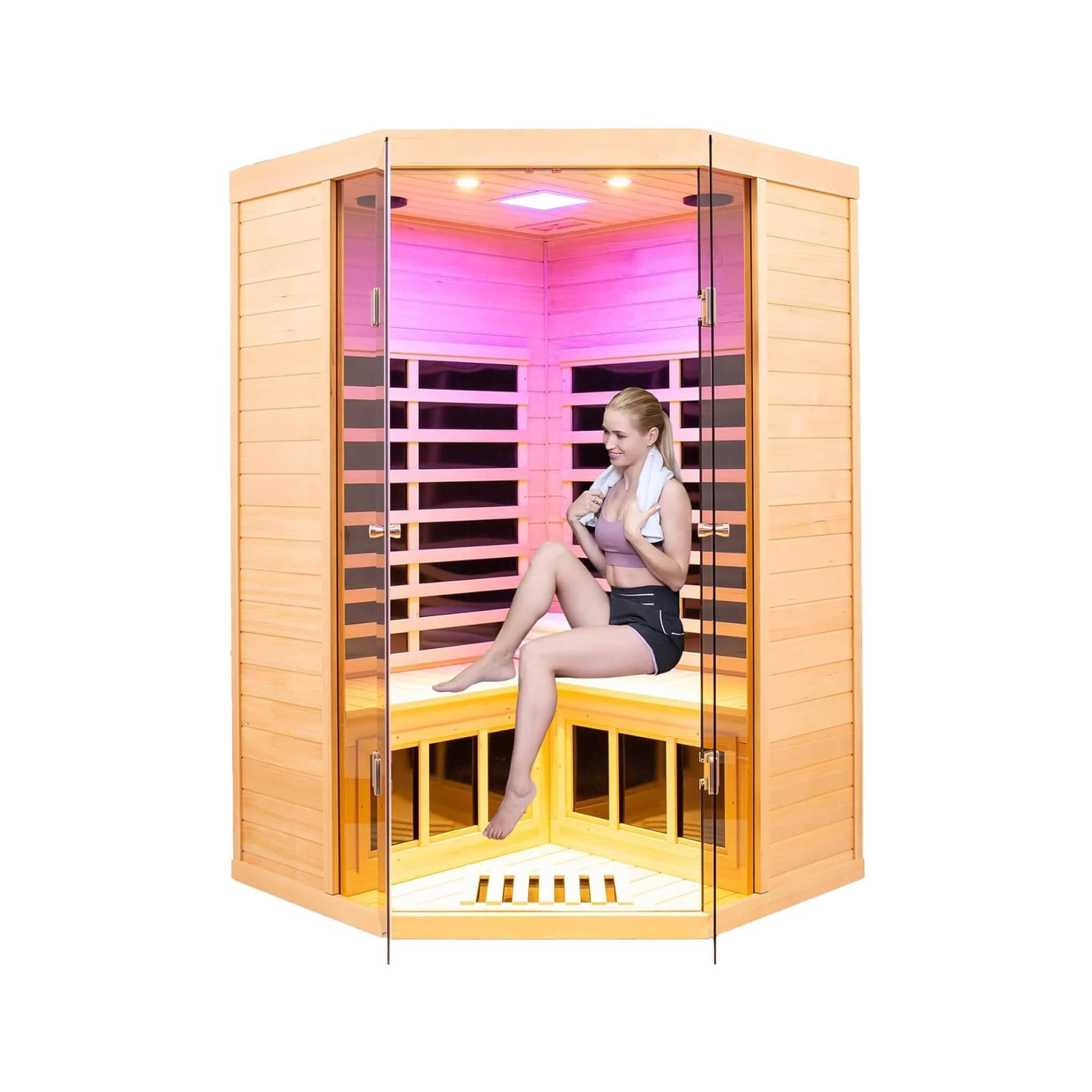 Premium Laurent 2-Person 1600W Corner Space Infrared Wooden Sauna Room With Bluetooth Speakers (SAK81524)