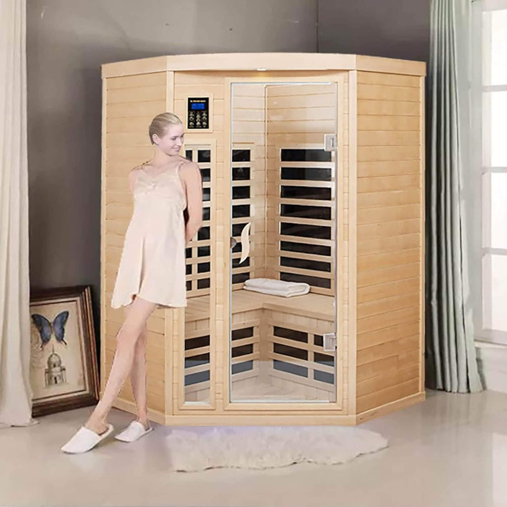 Premium Laurent 2-Person 1600W Corner Space Infrared Wooden Sauna Room With Bluetooth Speakers (SAK81524)